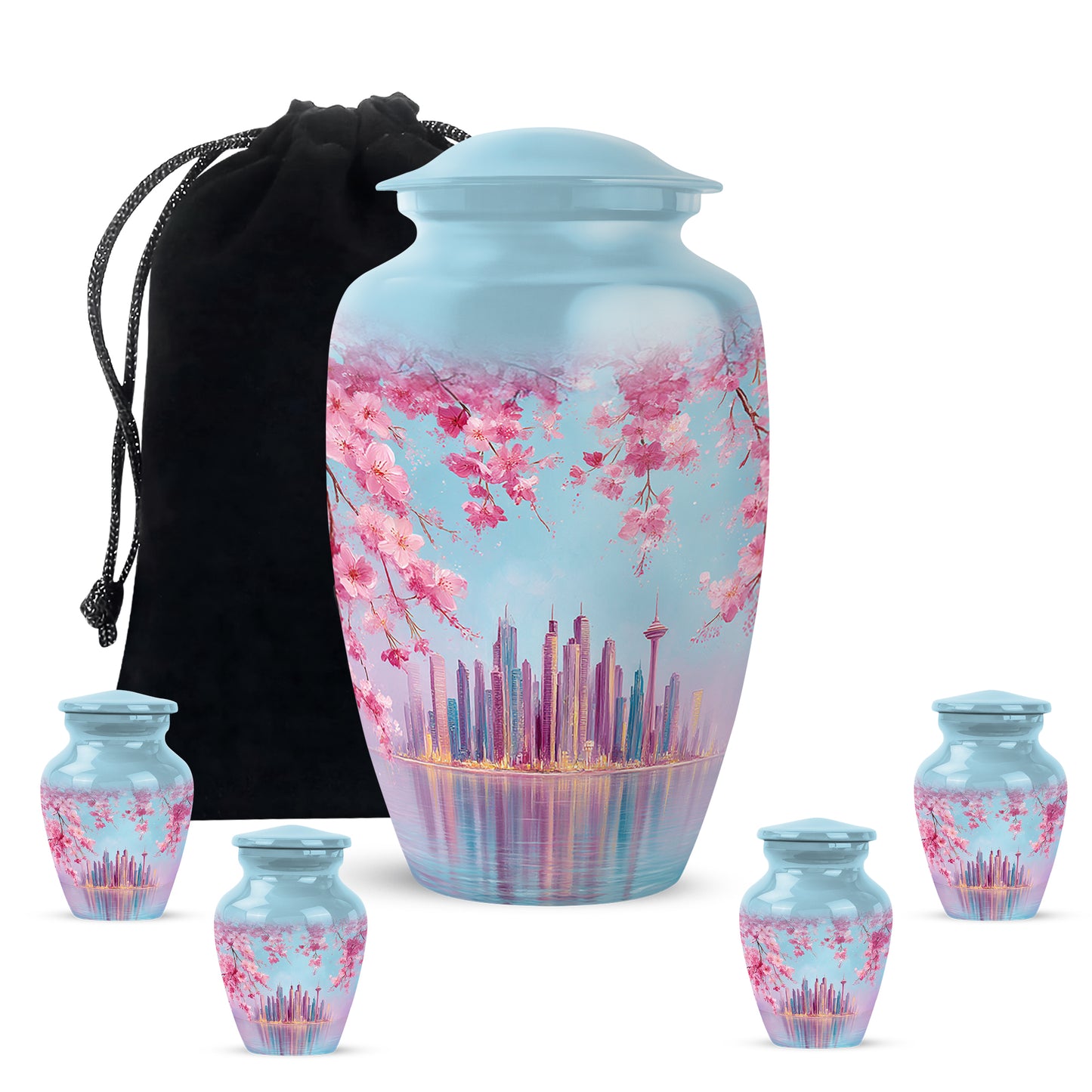 Sapphire Blue Cherry Blossom Cremation Urn top-down view of secure threaded lid - elegant classic cherry blossom relief with fine detailing - memorial set with one large and four small urns