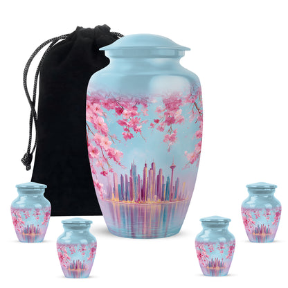 Sapphire Blue Cherry Blossom Cremation Urn top-down view of secure threaded lid - elegant classic cherry blossom relief with fine detailing - memorial set with one large and four small urns