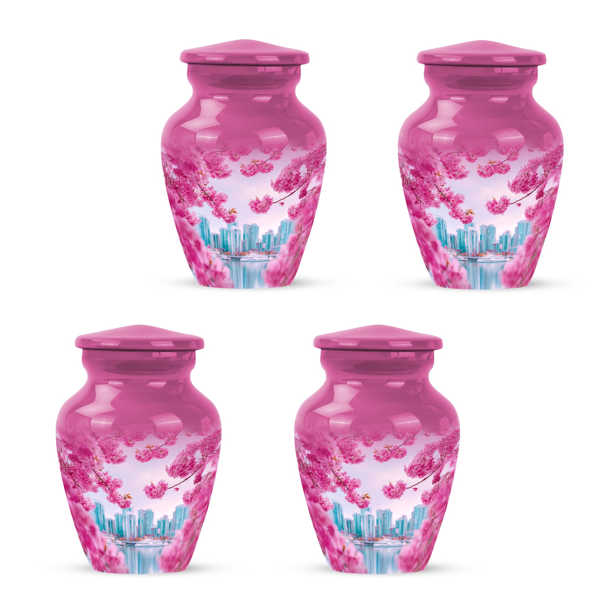 Soft Pink Cherry Blossom Cremation Urn side profile showing urn shape - traditional cherry blossom engraving with hand-polished finish - 10 inch aluminum urn for cremated remains