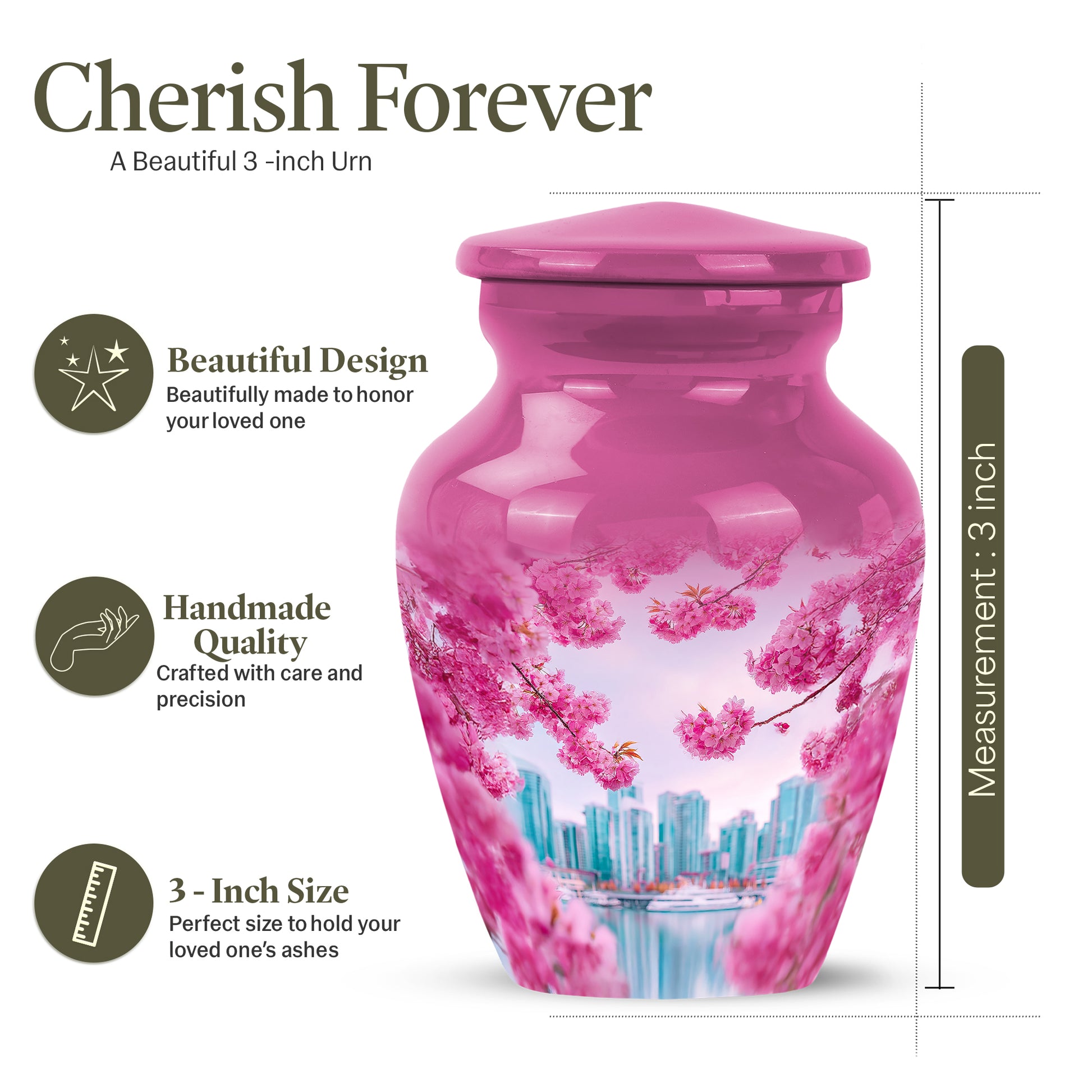Blush Pink Cherry Blossom Cremation Urn close-up of engraving and surface detail - classic sculpted cherry blossom pattern on smooth aluminum - mini keepsake memorial for portion of cremation ashes