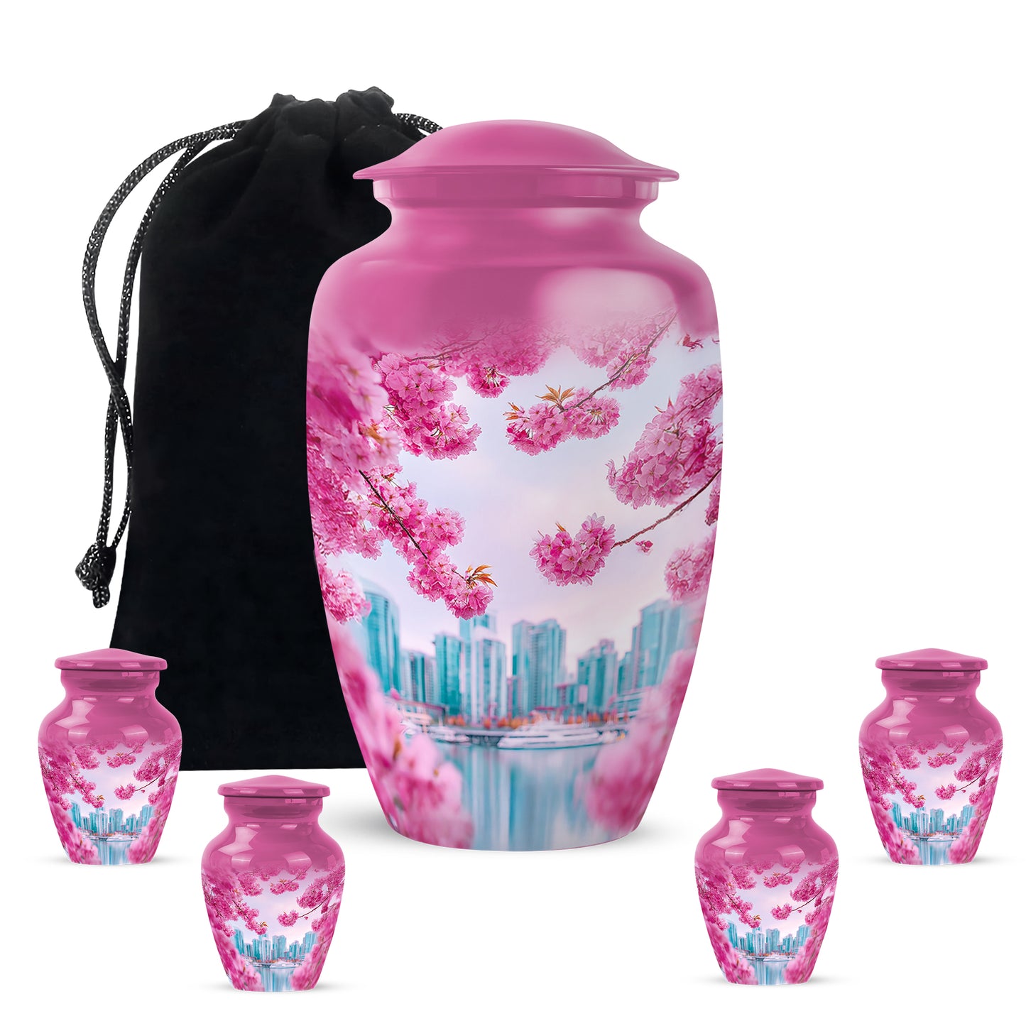 Petal Pink Cherry Blossom Cremation Urn top-down view of secure threaded lid - traditional cherry blossom engraving with hand-polished finish - memorial set with one large and four small urns