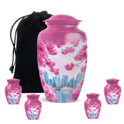 Petal Pink Cherry Blossom Cremation Urn top-down view of secure threaded lid - traditional cherry blossom engraving with hand-polished finish - memorial set with one large and four small urns