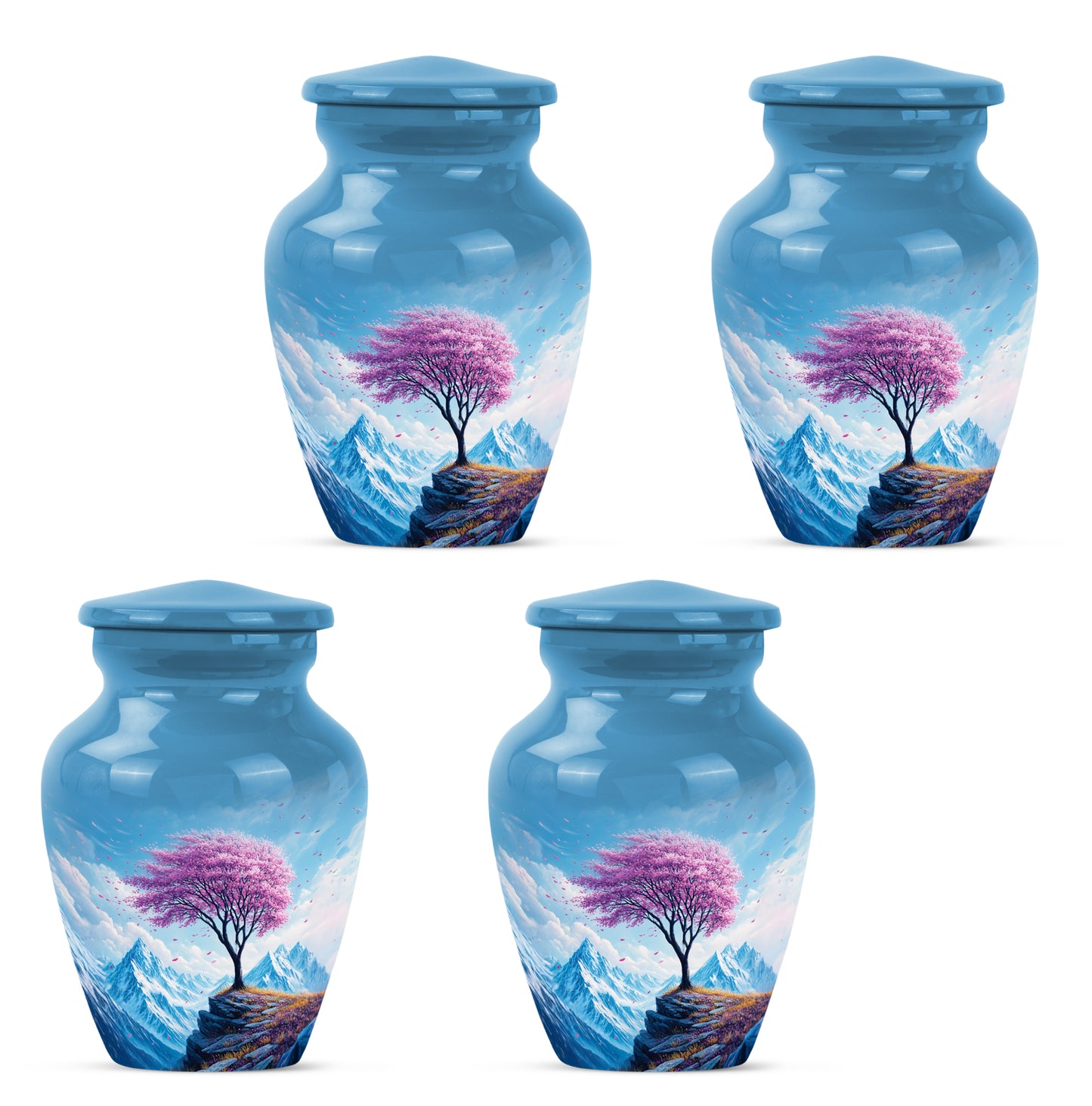 Icy Blue Cherry Blossom Cremation Urn side profile showing urn shape - timeless cherry blossom motif etched into premium metal - 10 inch aluminum urn for cremated remains