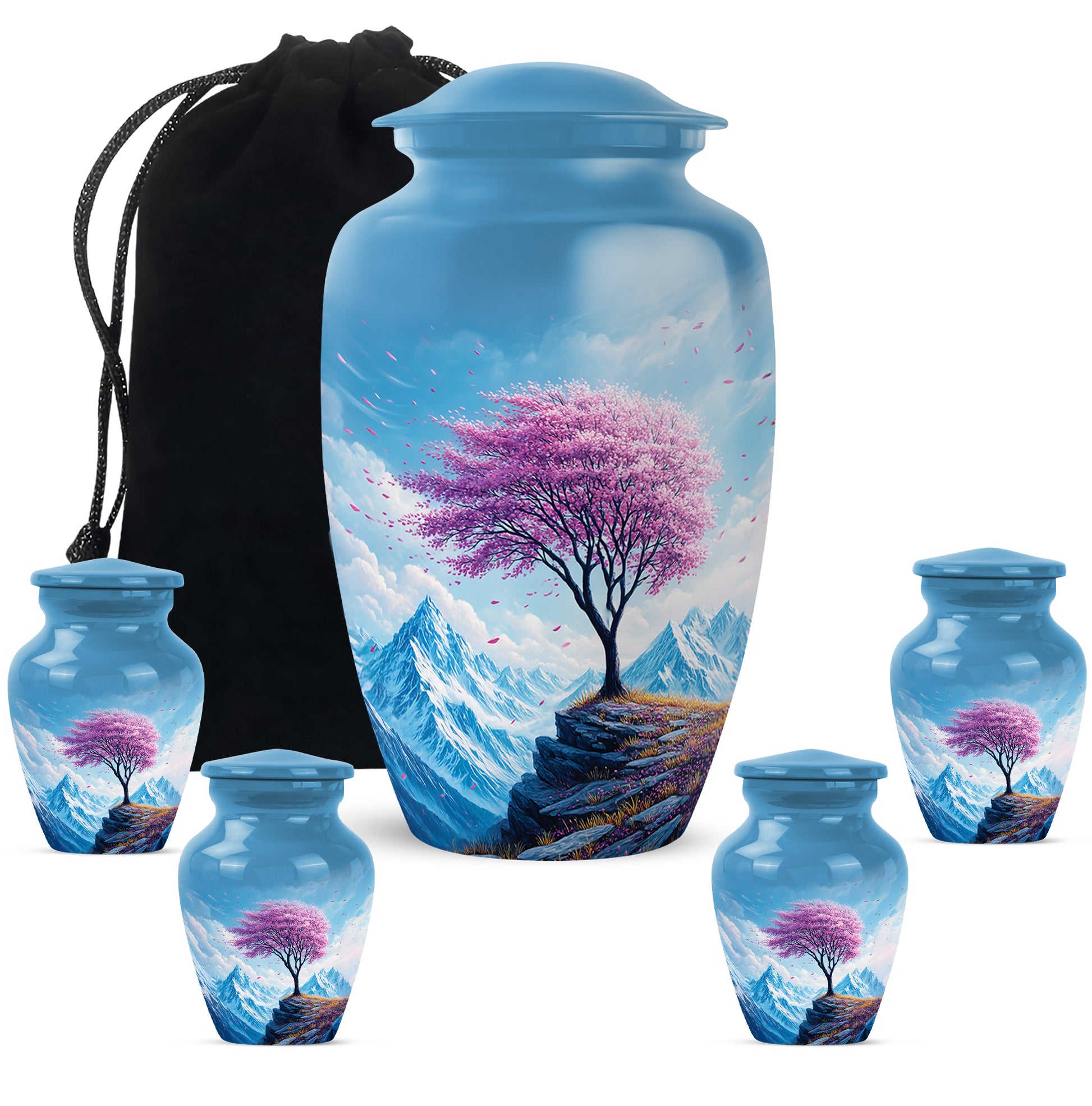 Navy Blue Cherry Blossom Cremation Urn top-down view of secure threaded lid - timeless cherry blossom motif etched into premium metal - memorial set with one large and four small urns