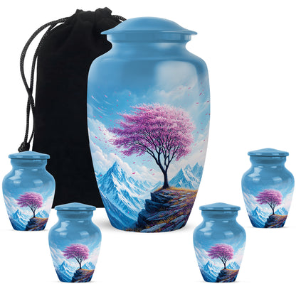 Navy Blue Cherry Blossom Cremation Urn top-down view of secure threaded lid - timeless cherry blossom motif etched into premium metal - memorial set with one large and four small urns