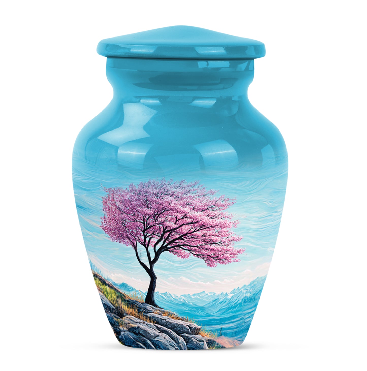 Inspiring Teal Cherry Blossom Embrace Urn for Human Ashes - 10-inch, 200 cu in - Yatskia