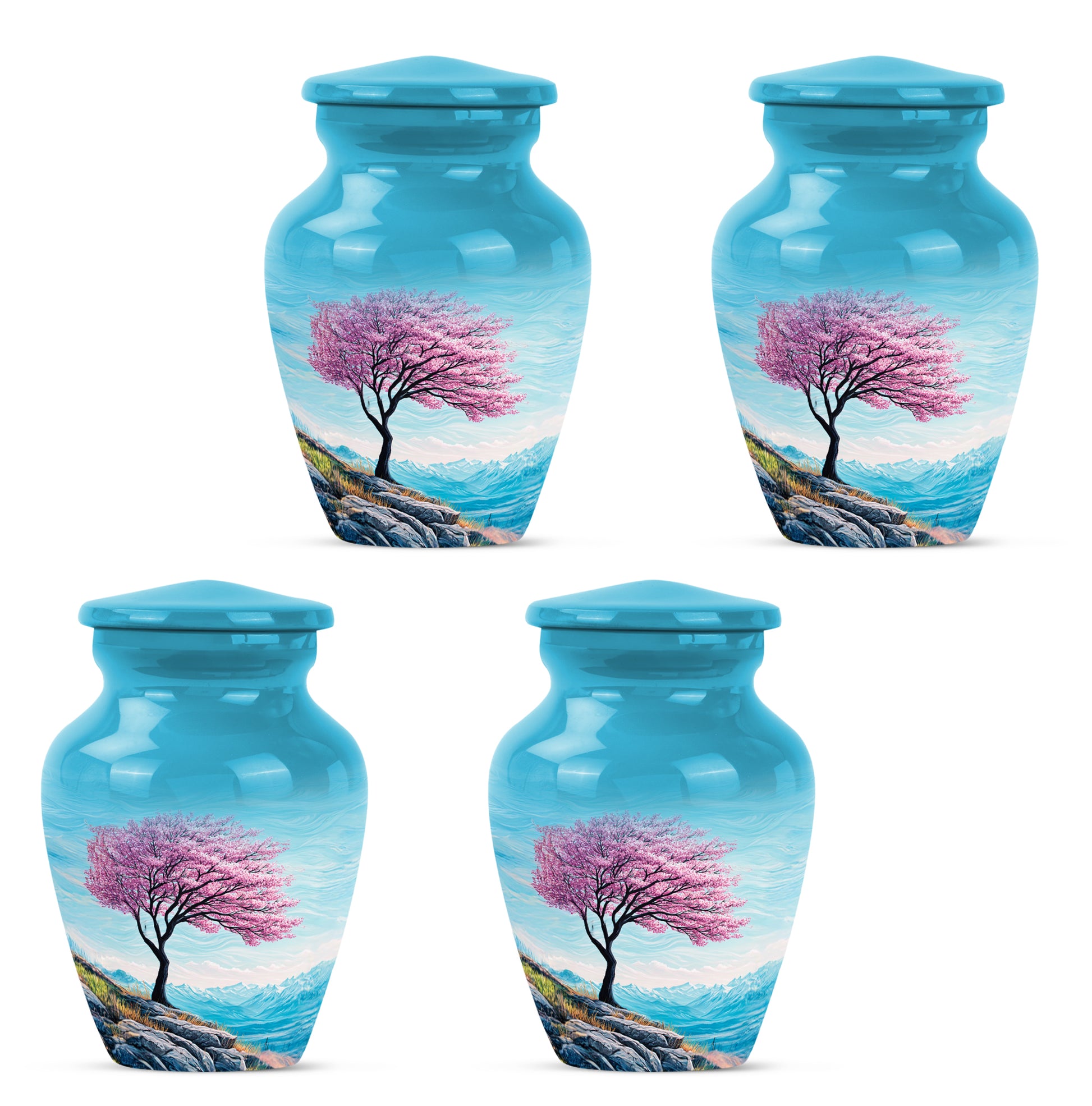 Soft Teal Cherry Blossom Cremation Urn side profile showing urn shape - classic sculpted cherry blossom pattern on smooth aluminum - 10 inch aluminum urn for cremated remains