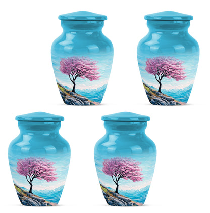 Soft Teal Cherry Blossom Cremation Urn side profile showing urn shape - classic sculpted cherry blossom pattern on smooth aluminum - 10 inch aluminum urn for cremated remains