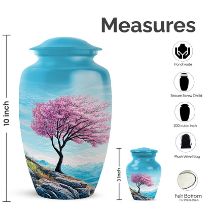 Tropical Teal Cherry Blossom Cremation Urn close-up of engraving and surface detail - traditional cherry blossom engraving with hand-polished finish - mini keepsake memorial for portion of cremation ashes