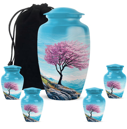 Vivid Teal Cherry Blossom Cremation Urn top-down view of secure threaded lid - traditional cherry blossom engraving with hand-polished finish - memorial set with one large and four small urns
