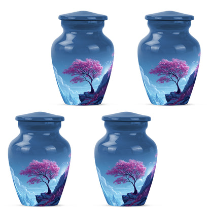Pastel Blue Cherry Blossom Cremation Urn side profile showing urn shape - classic sculpted cherry blossom pattern on smooth aluminum - 10 inch aluminum urn for cremated remains