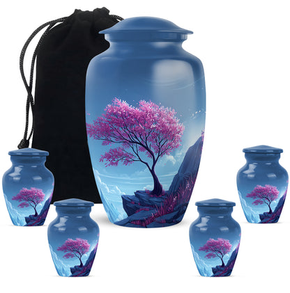 Serene Blue Cherry Blossom Cremation Urn top-down view of secure threaded lid - traditional cherry blossom engraving with hand-polished finish - memorial set with one large and four small urns