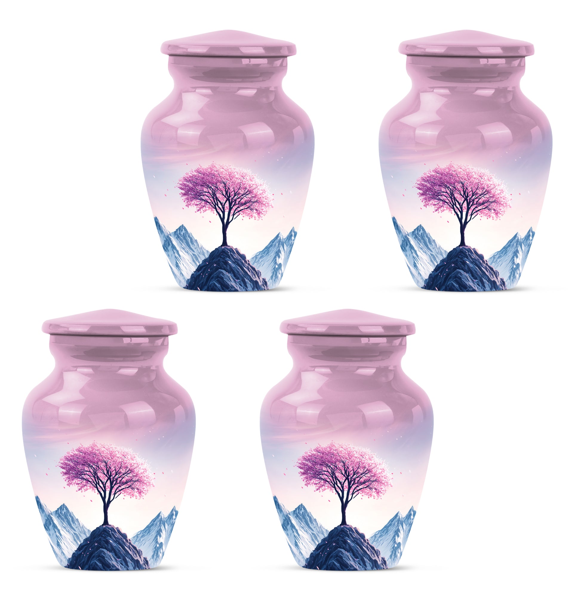 Salmon Pink Cherry Blossom Cremation Urn side profile showing urn shape - traditional cherry blossom engraving with hand-polished finish - 10 inch aluminum urn for cremated remains