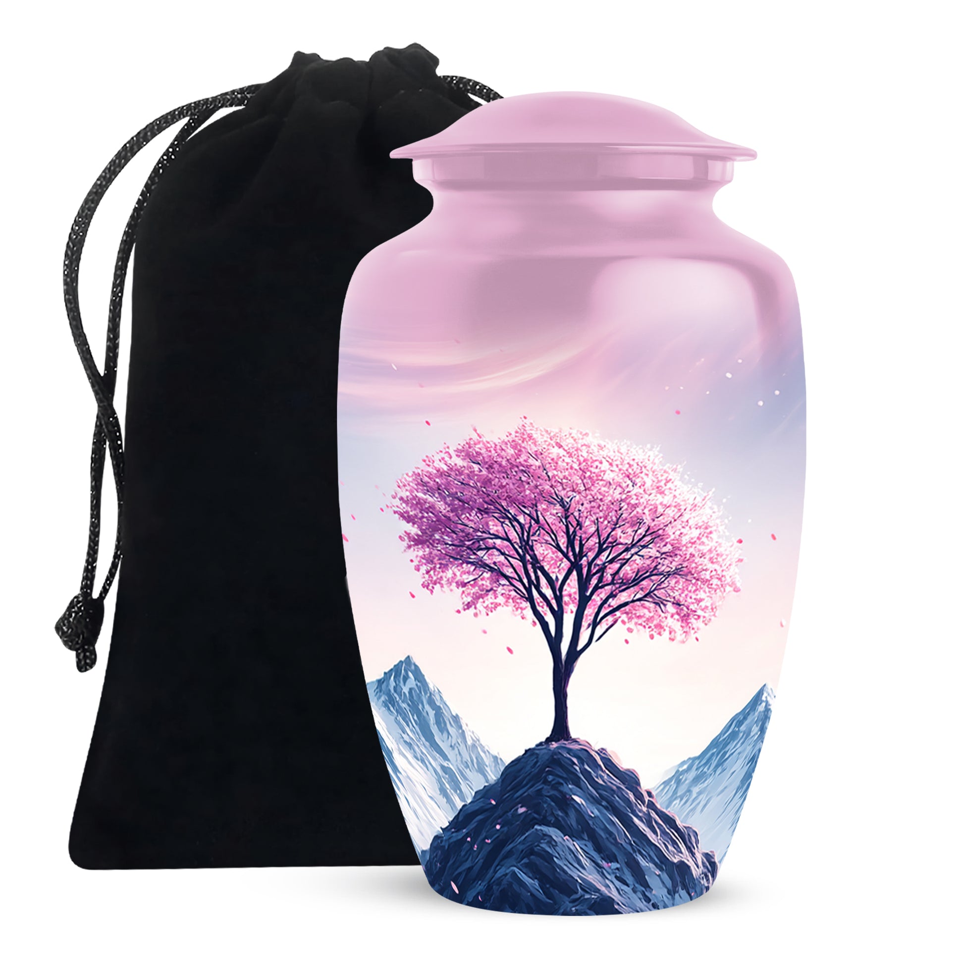 Vintage Pink Cherry Blossom Cremation Urn angled view of lid and engraved motif - traditional cherry blossom engraving with hand-polished finish - full-size 10 inch 200 cubic inch adult cremation urn