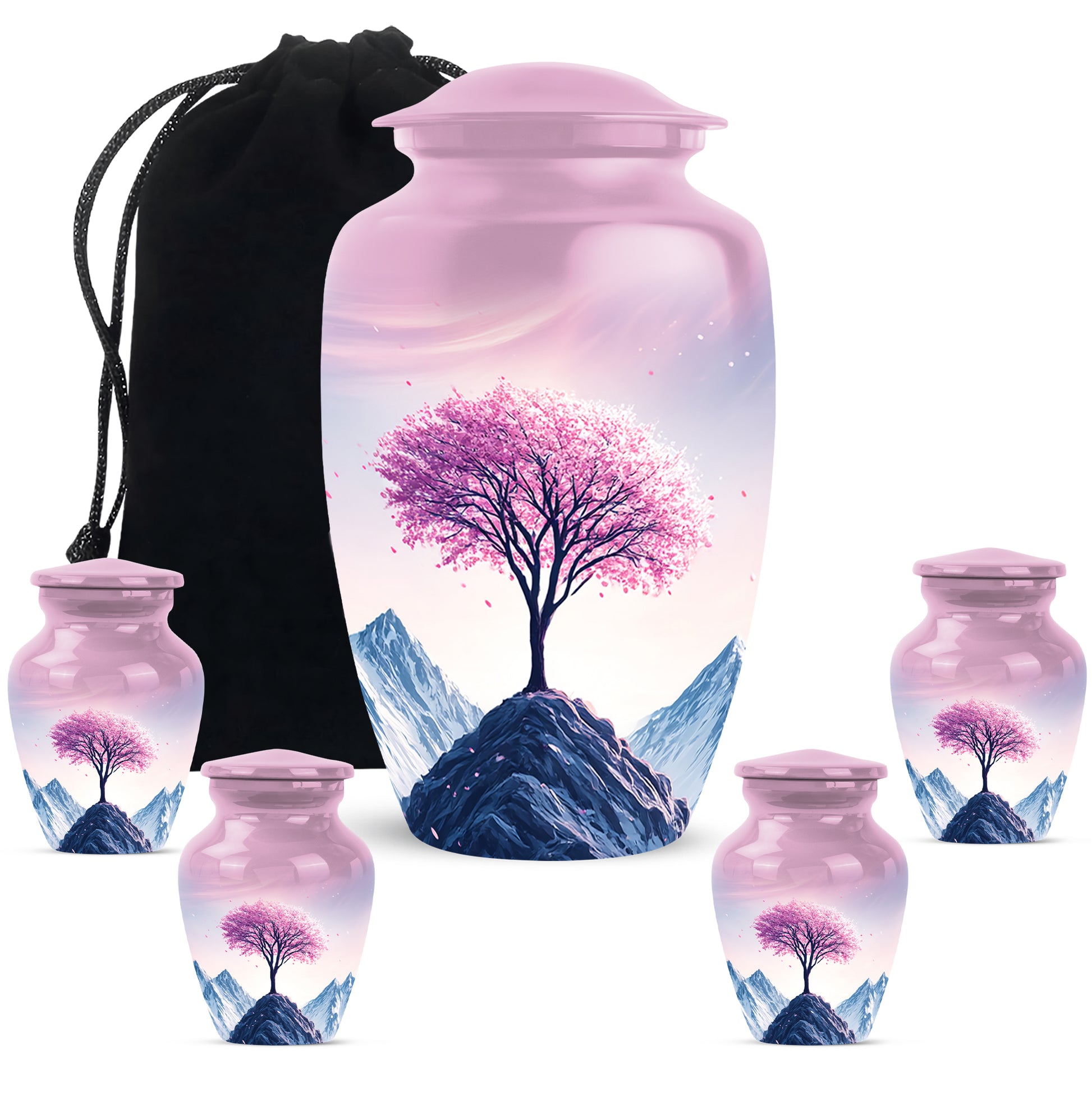 Vintage Pink Cherry Blossom Cremation Urn top-down view of secure threaded lid - traditional cherry blossom engraving with hand-polished finish - memorial set with one large and four small urns