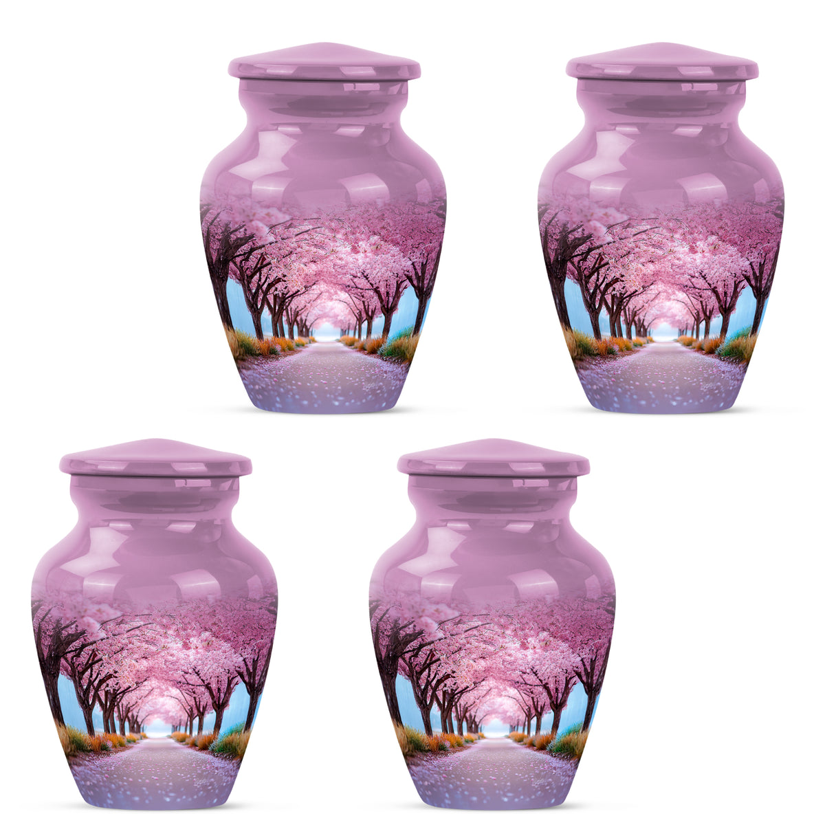 Rose Pink Cherry Blossom Cremation Urn side profile showing urn shape - timeless cherry blossom motif etched into premium metal - 10 inch aluminum urn for cremated remains