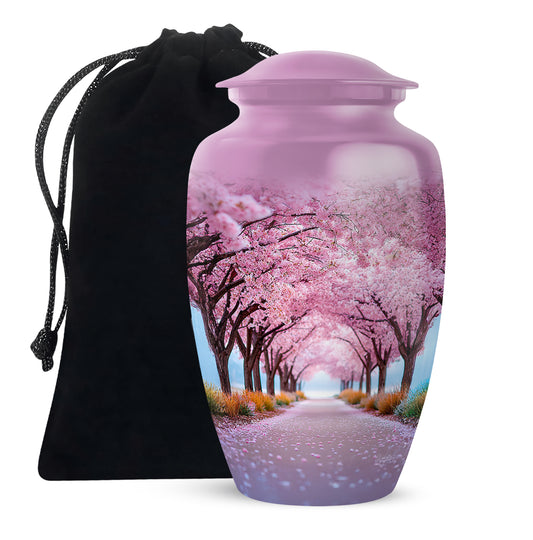Salmon Pink Cherry Blossom Cremation Urn angled view of lid and engraved motif - elegant classic cherry blossom relief with fine detailing - full-size 10 inch 200 cubic inch adult cremation urn