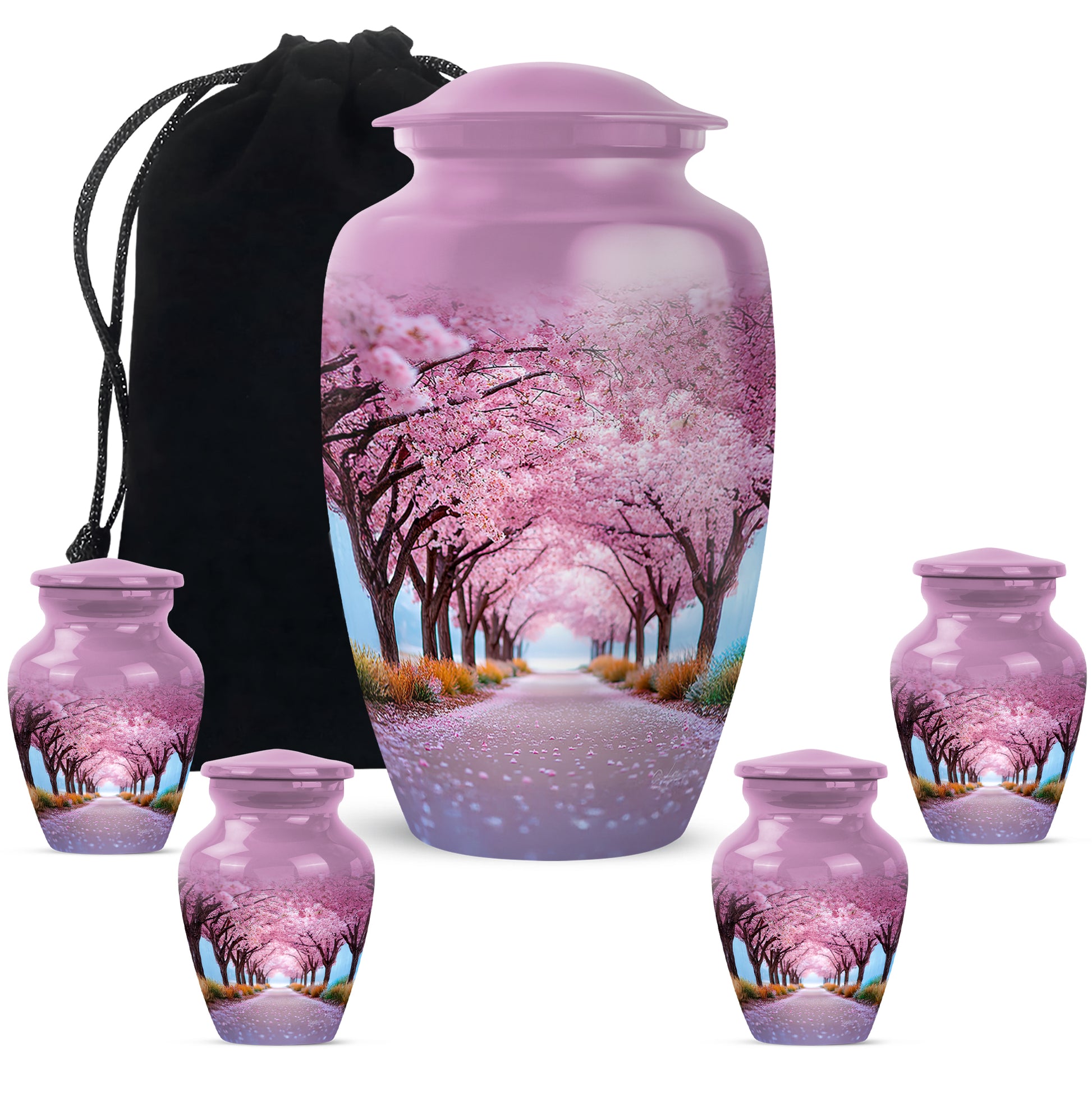 Rose Pink Cherry Blossom Cremation Urn top-down view of secure threaded lid - timeless cherry blossom motif etched into premium metal - memorial set with one large and four small urns