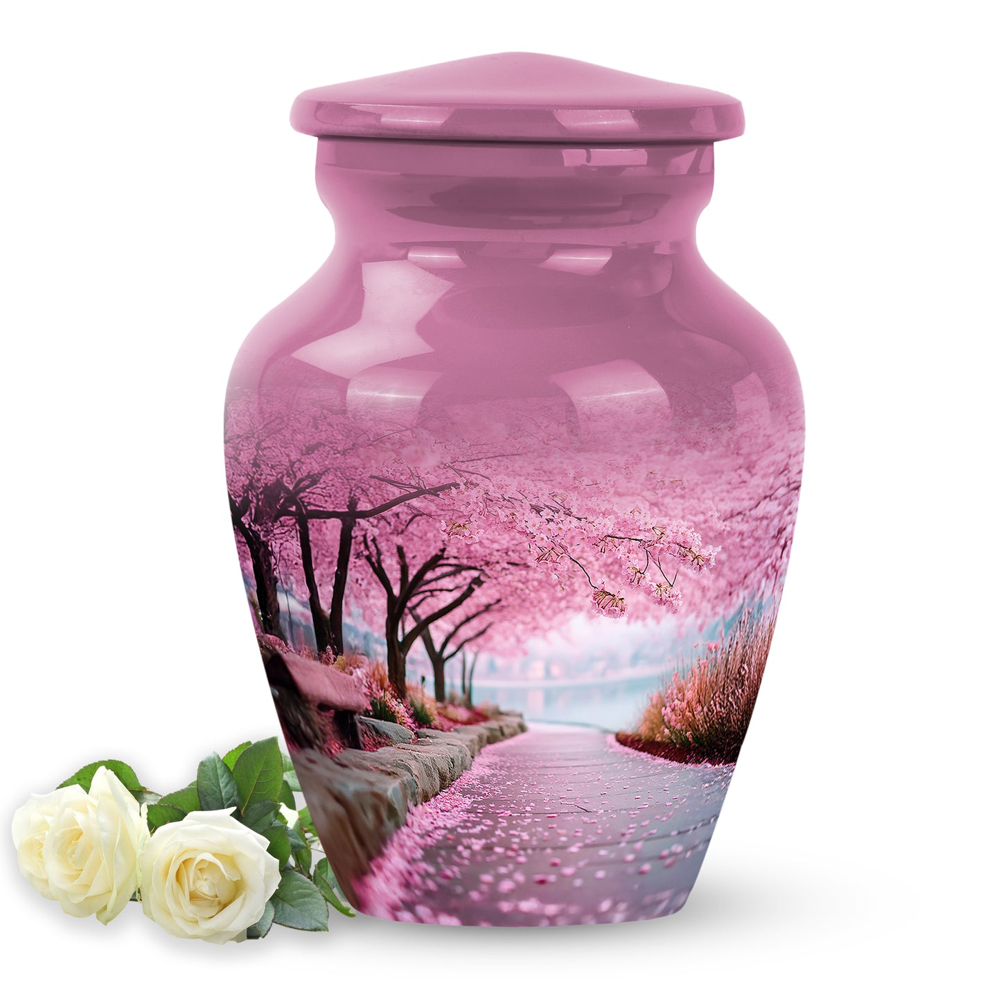 Personalized Pink Steadfast Cherry Blossom Cremation Urns for Human Ashes - 10-inch, 200 cu in - Yatskia