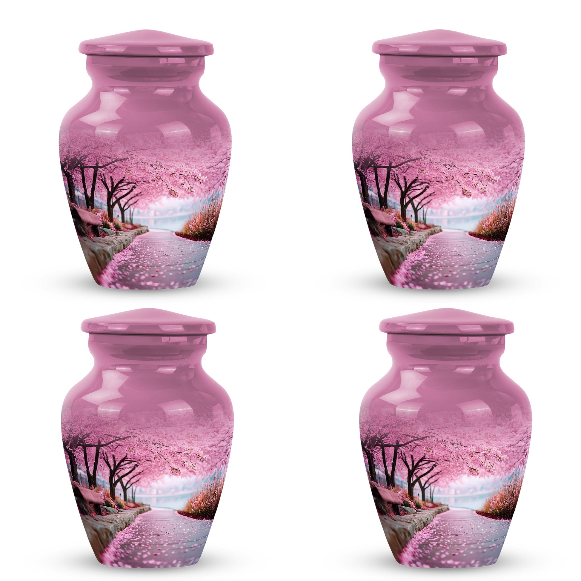 Salmon Pink Cherry Blossom Cremation Urn side profile showing urn shape - elegant classic cherry blossom relief with fine detailing - 10 inch aluminum urn for cremated remains