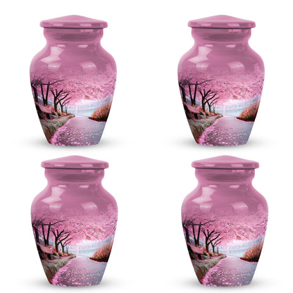 Salmon Pink Cherry Blossom Cremation Urn side profile showing urn shape - elegant classic cherry blossom relief with fine detailing - 10 inch aluminum urn for cremated remains