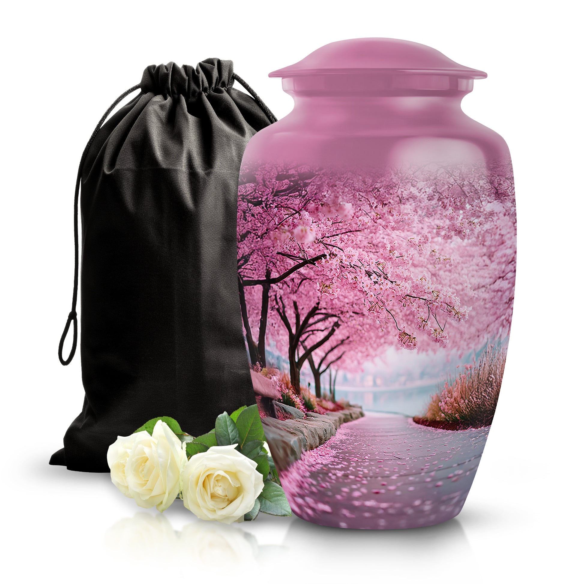 Blush Pink Cherry Blossom Cremation Urn angled view of lid and engraved motif - classic sculpted cherry blossom pattern on smooth aluminum - full-size 10 inch 200 cubic inch adult cremation urn