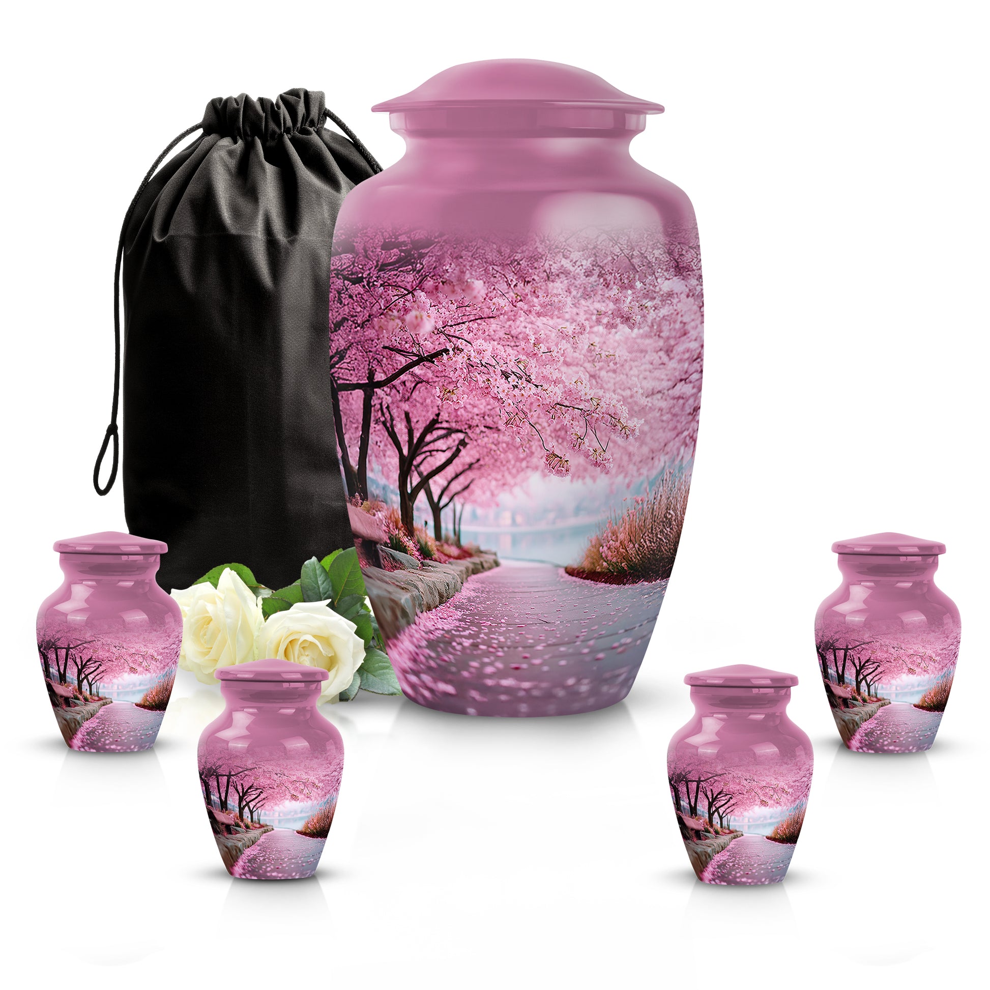 Coral Pink Cherry Blossom Cremation Urn top-down view of secure threaded lid - timeless cherry blossom motif etched into premium metal - memorial set with one large and four small urns