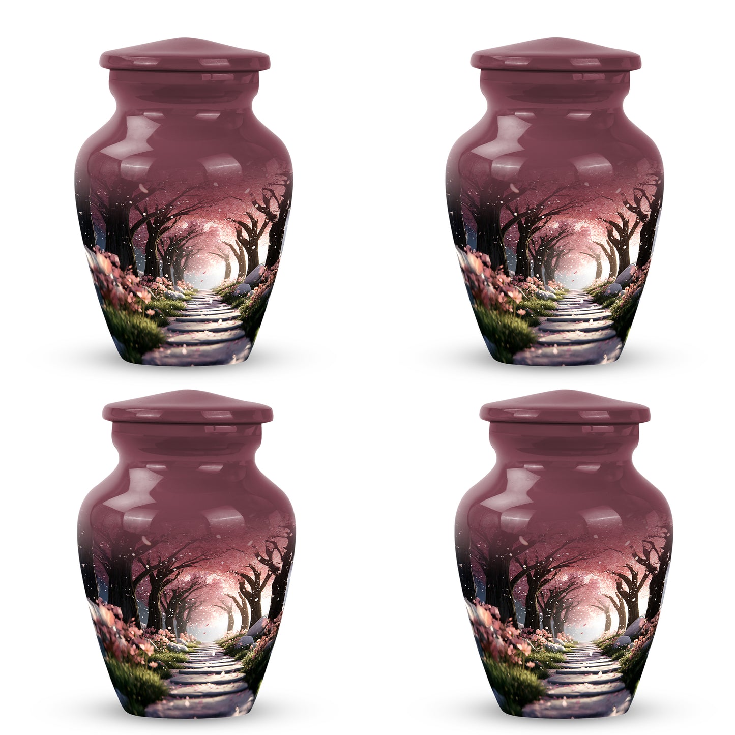 Rich Red Cherry Blossom Cremation Urn side profile showing urn shape - traditional cherry blossom engraving with hand-polished finish - 10 inch aluminum urn for cremated remains