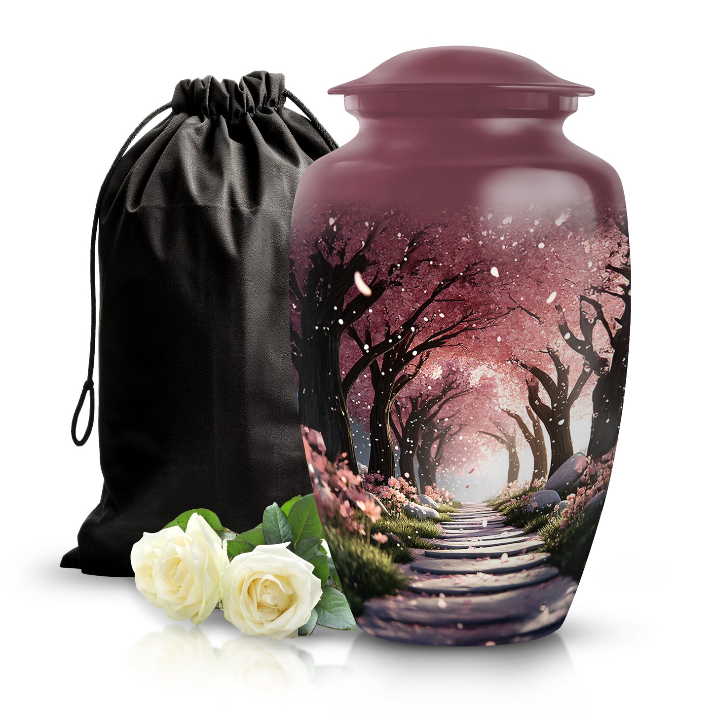 Wine Red Cherry Blossom Cremation Urn angled view of lid and engraved motif - timeless cherry blossom motif etched into premium metal - full-size 10 inch 200 cubic inch adult cremation urn