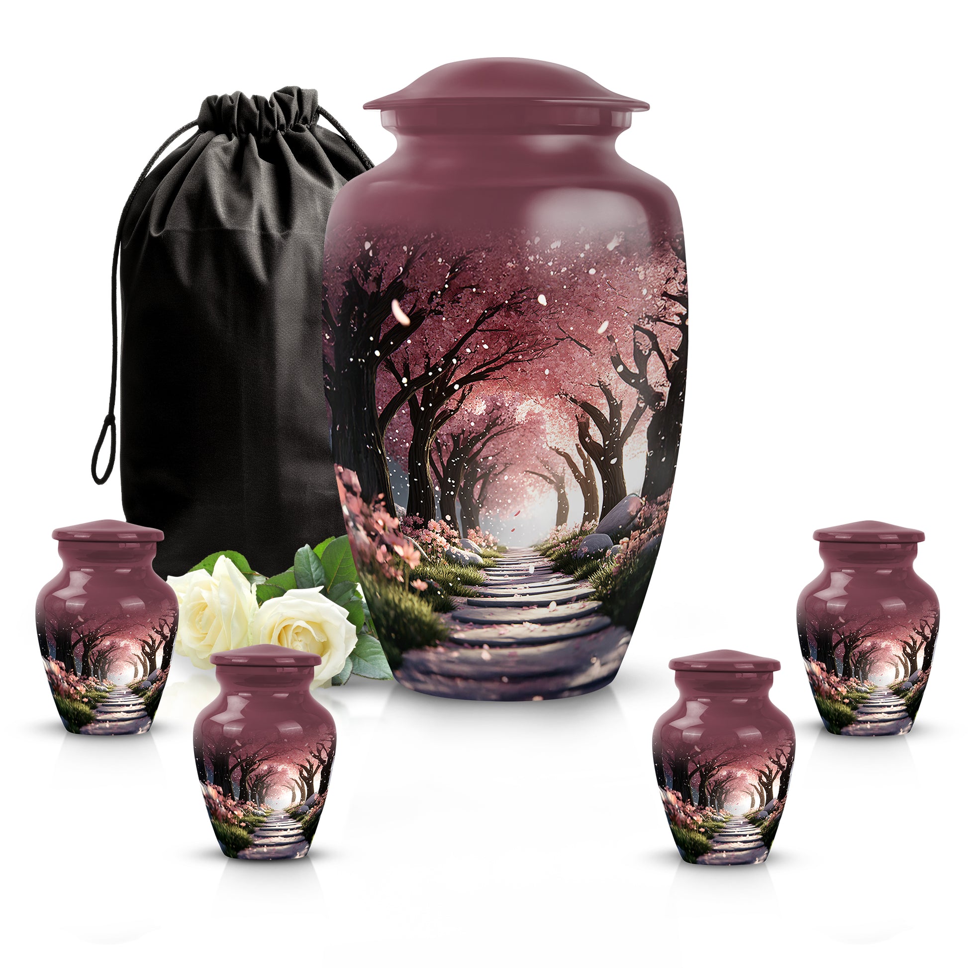 Garnet Red Cherry Blossom Cremation Urn top-down view of secure threaded lid - timeless cherry blossom motif etched into premium metal - memorial set with one large and four small urns