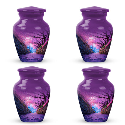 Majestic Purple Cherry Blossom Cremation Urn side profile showing urn shape - classic sculpted cherry blossom pattern on smooth aluminum - 10 inch aluminum urn for cremated remains