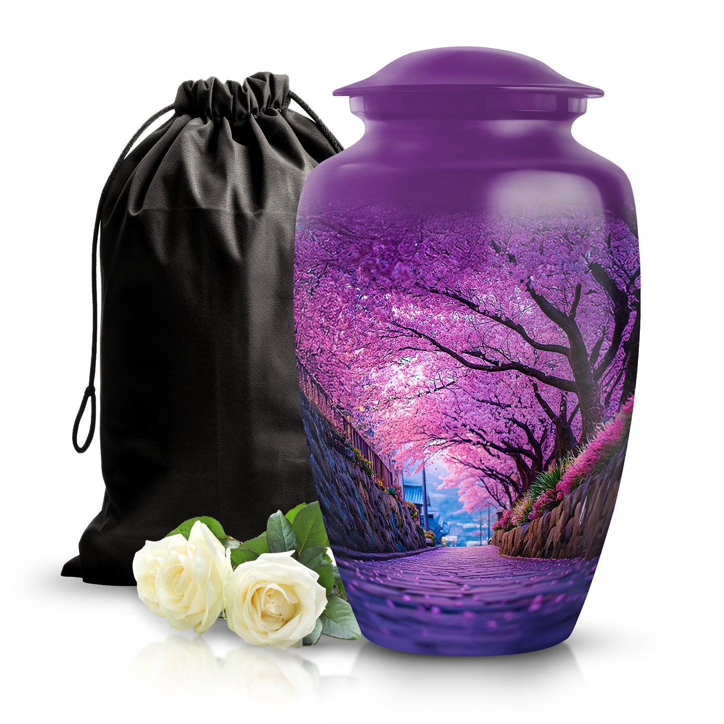 Lavender Purple Cherry Blossom Cremation Urn angled view of lid and engraved motif - elegant classic cherry blossom relief with fine detailing - full-size 10 inch 200 cubic inch adult cremation urn