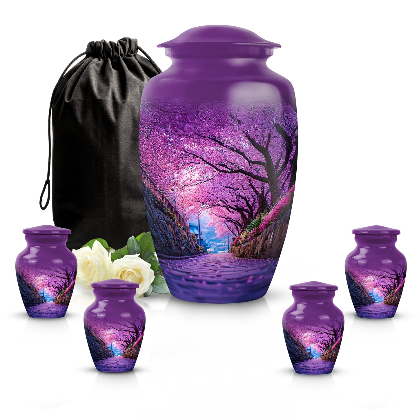 Majestic Purple Cherry Blossom Cremation Urn top-down view of secure threaded lid - classic sculpted cherry blossom pattern on smooth aluminum - memorial set with one large and four small urns