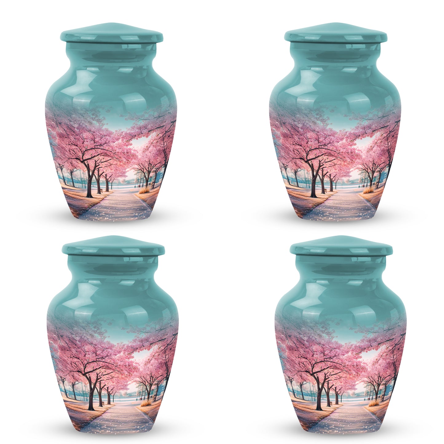 Jewel Teal Cherry Blossom Cremation Urn side profile showing urn shape - classic sculpted cherry blossom pattern on smooth aluminum - 10 inch aluminum urn for cremated remains
