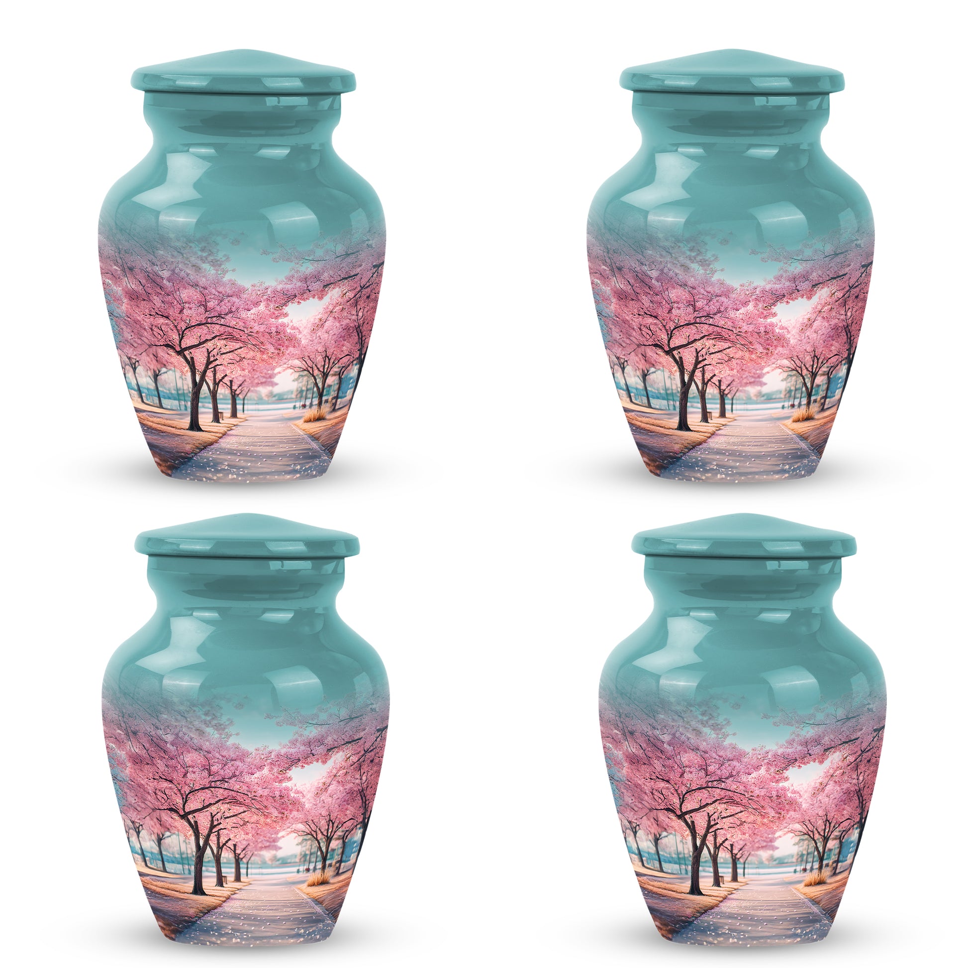 Jewel Teal Cherry Blossom Cremation Urn side profile showing urn shape - classic sculpted cherry blossom pattern on smooth aluminum - 10 inch aluminum urn for cremated remains