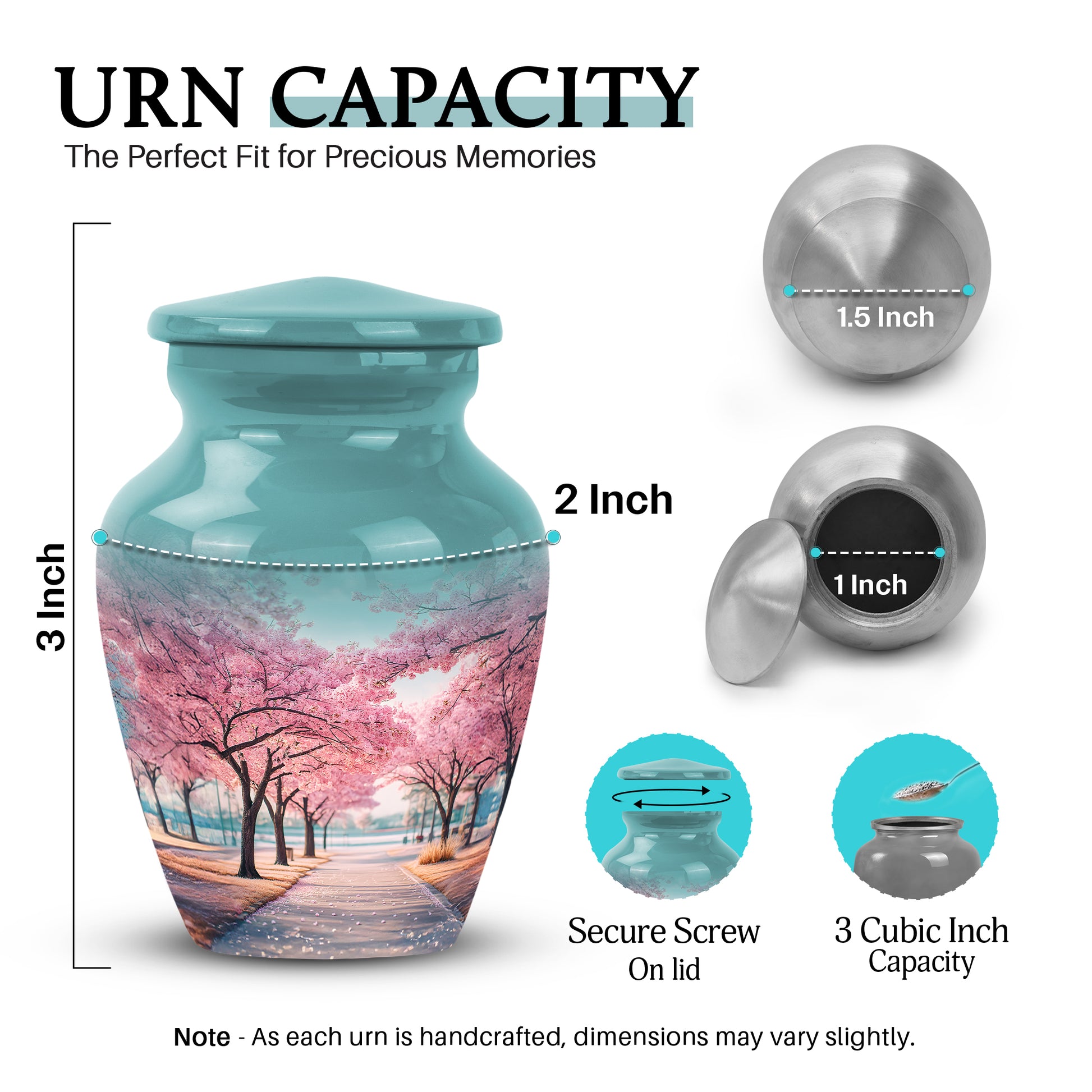 Vivid Teal Cherry Blossom Cremation Urn close-up of engraving and surface detail - elegant classic cherry blossom relief with fine detailing - mini keepsake memorial for portion of cremation ashes