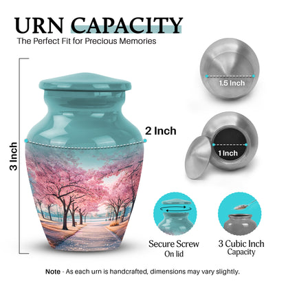Vivid Teal Cherry Blossom Cremation Urn close-up of engraving and surface detail - elegant classic cherry blossom relief with fine detailing - mini keepsake memorial for portion of cremation ashes