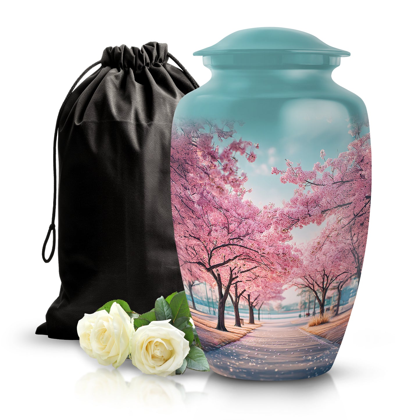 Ocean Teal Cherry Blossom Cremation Urn angled view of lid and engraved motif - timeless cherry blossom motif etched into premium metal - full-size 10 inch 200 cubic inch adult cremation urn