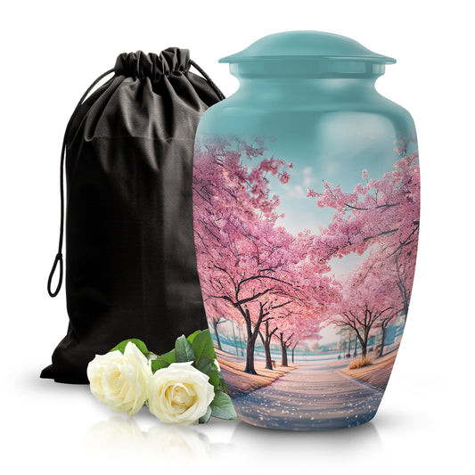 Ocean Teal Cherry Blossom Cremation Urn angled view of lid and engraved motif - timeless cherry blossom motif etched into premium metal - full-size 10 inch 200 cubic inch adult cremation urn