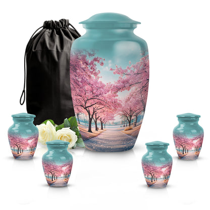 Jewel Teal Cherry Blossom Cremation Urn top-down view of secure threaded lid - classic sculpted cherry blossom pattern on smooth aluminum - memorial set with one large and four small urns