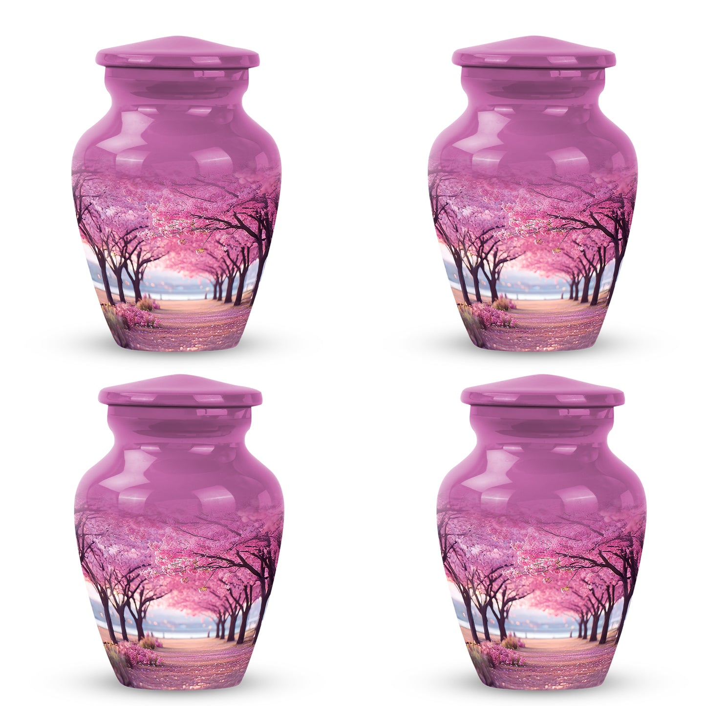 Vintage Pink Cherry Blossom Cremation Urn side profile showing urn shape - traditional cherry blossom engraving with hand-polished finish - 10 inch aluminum urn for cremated remains