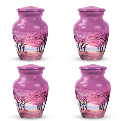 Vintage Pink Cherry Blossom Cremation Urn side profile showing urn shape - traditional cherry blossom engraving with hand-polished finish - 10 inch aluminum urn for cremated remains