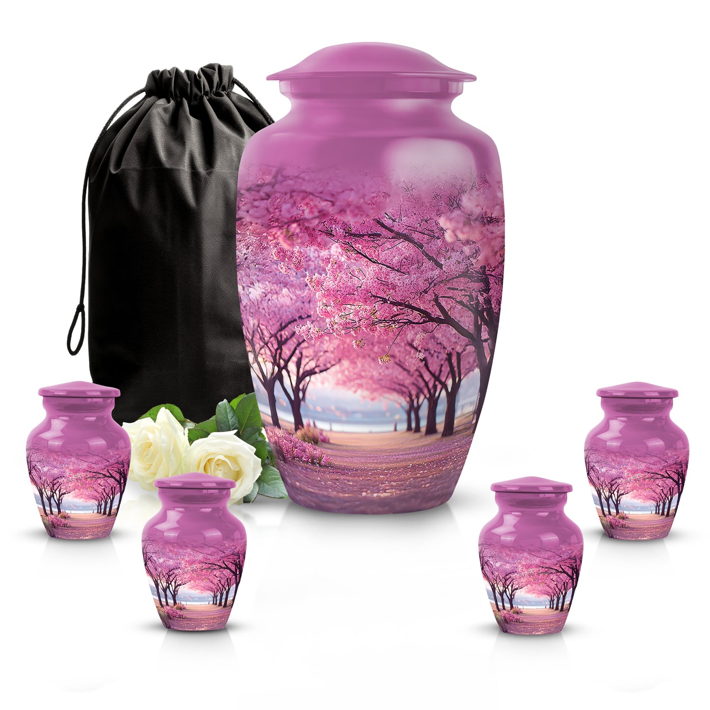 Pastel Pink Cherry Blossom Cremation Urn top-down view of secure threaded lid - timeless cherry blossom motif etched into premium metal - memorial set with one large and four small urns