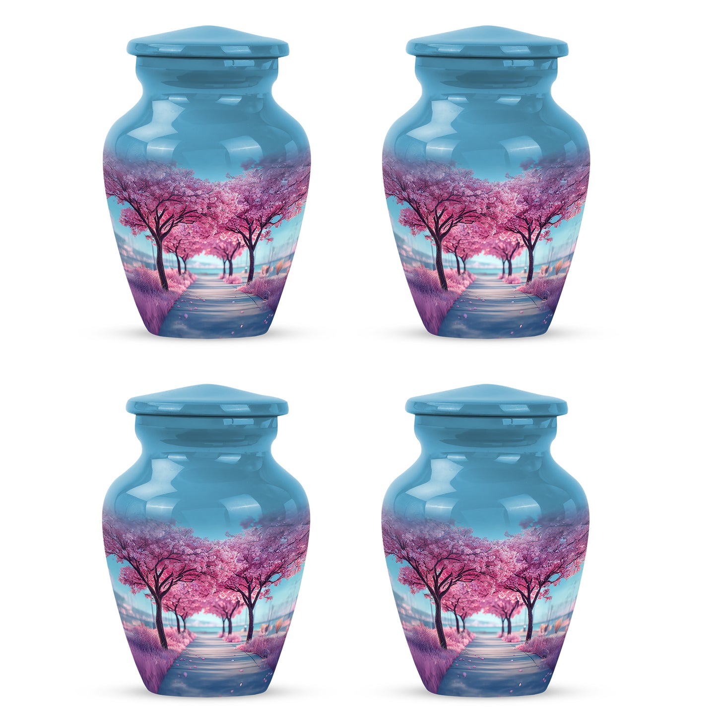 Steel Blue Cherry Blossom Cremation Urn side profile showing urn shape - traditional cherry blossom engraving with hand-polished finish - 10 inch aluminum urn for cremated remains