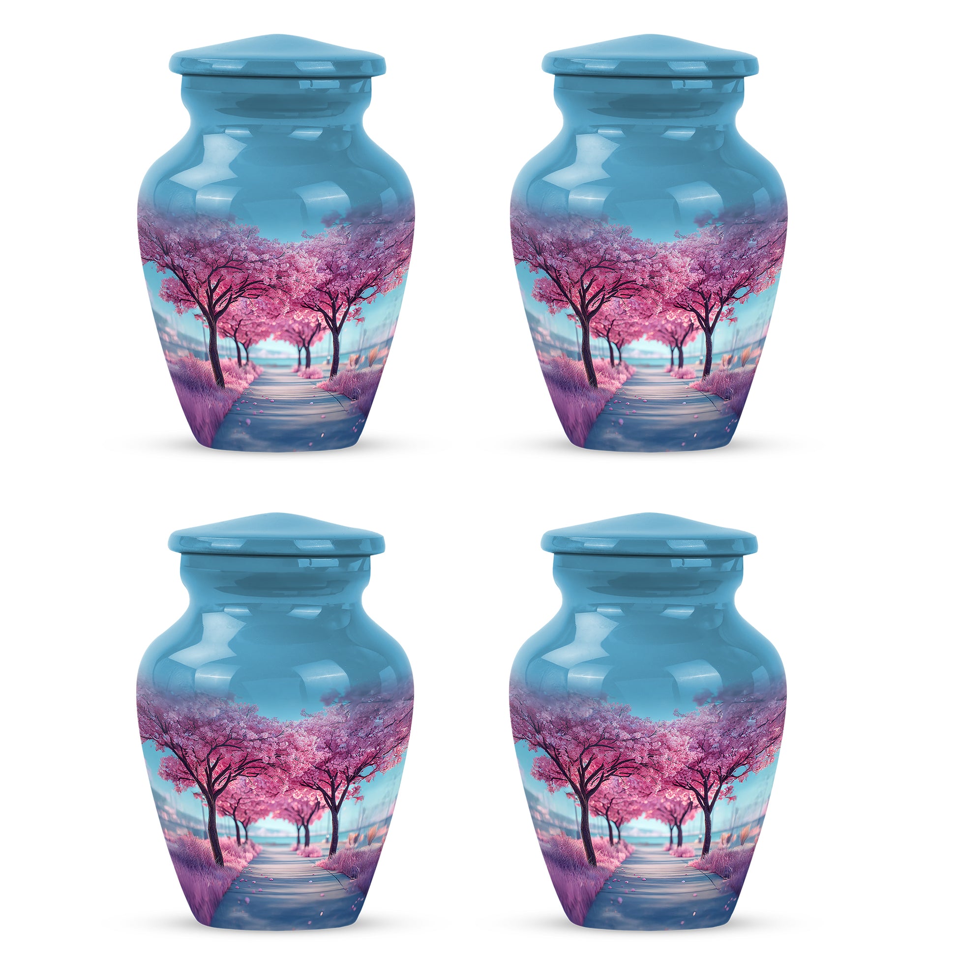 Steel Blue Cherry Blossom Cremation Urn side profile showing urn shape - traditional cherry blossom engraving with hand-polished finish - 10 inch aluminum urn for cremated remains