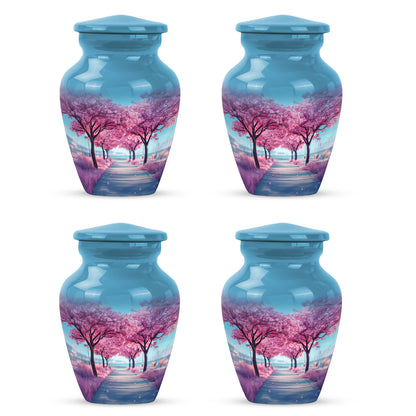 Steel Blue Cherry Blossom Cremation Urn side profile showing urn shape - traditional cherry blossom engraving with hand-polished finish - 10 inch aluminum urn for cremated remains