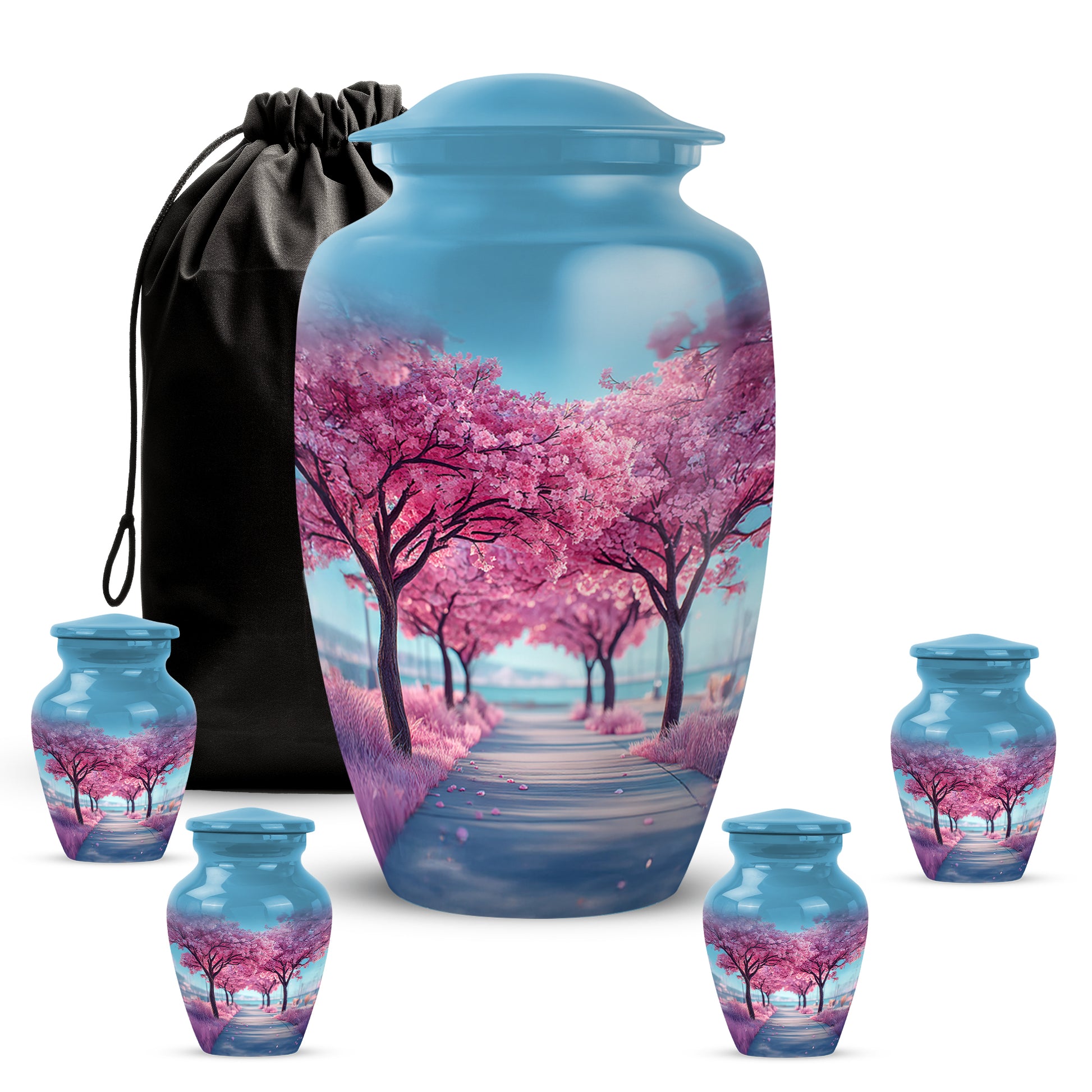 Celestial Blue Cherry Blossom Cremation Urn top-down view of secure threaded lid - timeless cherry blossom motif etched into premium metal - memorial set with one large and four small urns