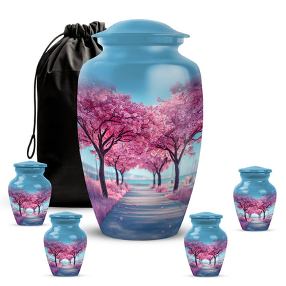 Celestial Blue Cherry Blossom Cremation Urn top-down view of secure threaded lid - timeless cherry blossom motif etched into premium metal - memorial set with one large and four small urns