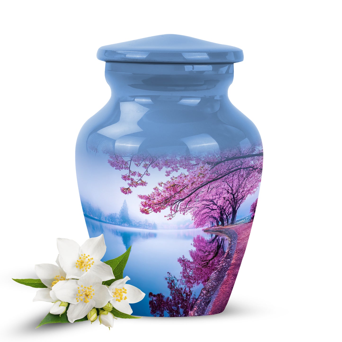 Blue Resounding Cherry Blossom Memorial Urn for Ashes - 10-inch, 200 cu in - Yatskia