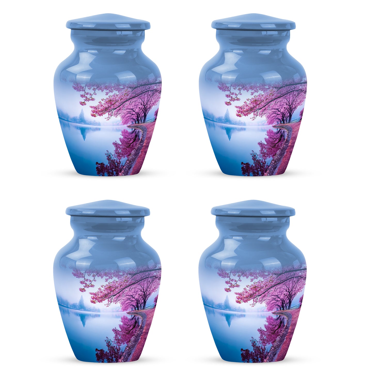 Calming Blue Cherry Blossom Cremation Urn side profile showing urn shape - elegant classic cherry blossom relief with fine detailing - 10 inch aluminum urn for cremated remains